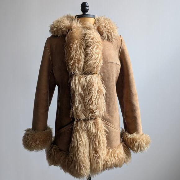 70s Vintage Brown Leather Penny Lane Coat Tan Suede Fur Groovy Boho Afghan Coat - Picture 8 of 10